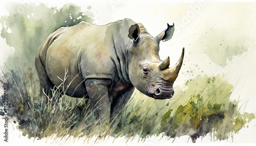 Watercolor painting of rhino on grassy field. Generative AI.