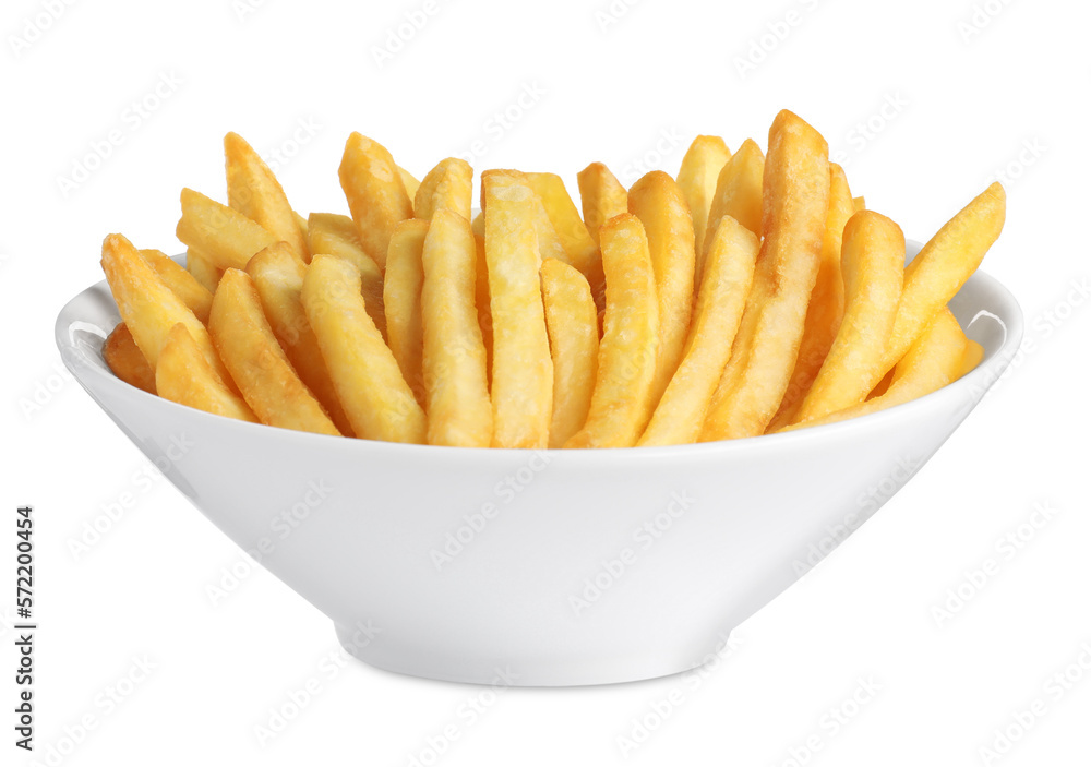Bowl with tasty French fries on white background Bowl with tasty French fries on white background