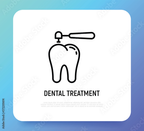 Dental treatment thin line icon. Drilling of caries for filling. Dentistry. Vector illustration.