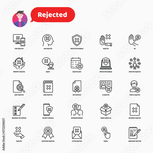 Rejected thin line icons set: sync, idea, agreement, calendar date, employee, audit, document not certified, profile, order cancelled, misunderstanding. Modern vector illustration.