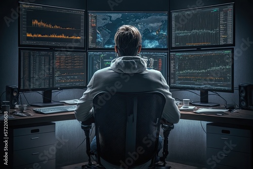 The back view of a trader who trades on the stock market, sits behind monitors with charts, prepares for a fall in stock prices. Ai generative.