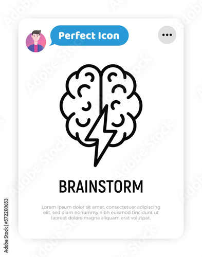 Brainstorm thin line icon: brain with flash. Creativity, inspiration, imagination. Modern vector illustration.