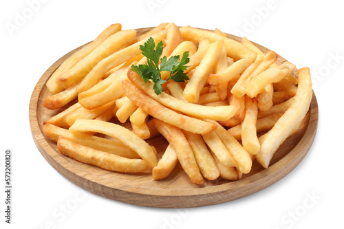 Wooden plate of delicious french fries on white background
