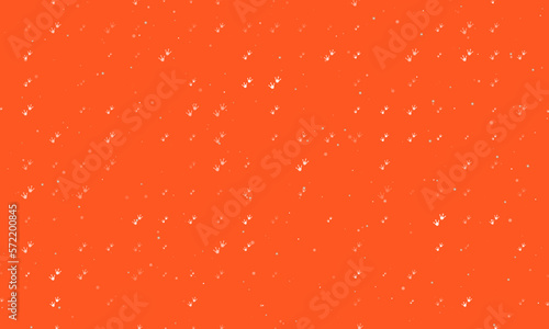 Seamless background pattern of evenly spaced white frog tracks symbols of different sizes and opacity. Vector illustration on deep orange background with stars