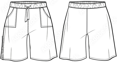 mens wide leg baggy shorts flat sketch vector drawstring elastic waistband jersey short technical cad drawing template photo