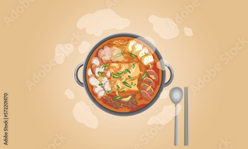 한국 음식 부대찌개, Korean stew Budae Jjigae, spicy sausage army base stew illustration, vector