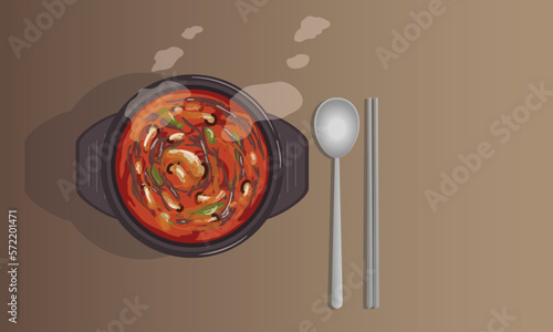 한식 한국 음식 육개장, 뚝배기 국물 요리 일러스트 벡터 Korean-style soup dish Yukgaejang vector  photo