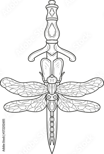 Hand drawn linear illustration. Isolated vector illustration with sharp dagger and dragonfly in vintage, retro style. Element for tattoo sketch or print 