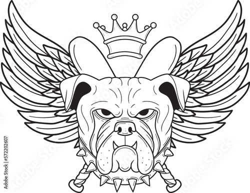 The head of a bulldog on the background of a baseball bat with wings. Vector illustration, line art. Sports logo. Tattoo sketch.
