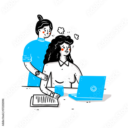 Female office worker embracing and supporting each other when she feel sad, upset, sick or unwell. Outline, linear, thin line art, hand drawn sketch, cute character design.