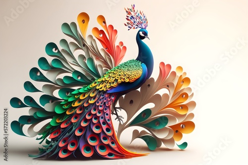 Portrait of colorful 3d peacock with feathers isolated on a white background
