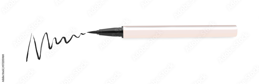 Eyeliner marker and stroke on white background, top view. Makeup product Eyeliner marker and stroke on white background, top view. Makeup product