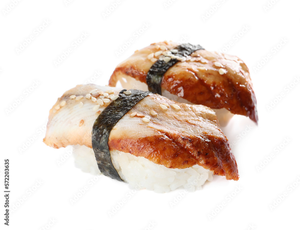 Delicious nigiri sushi with smoked eel isolated on white Delicious nigiri sushi with smoked eel isolated on white