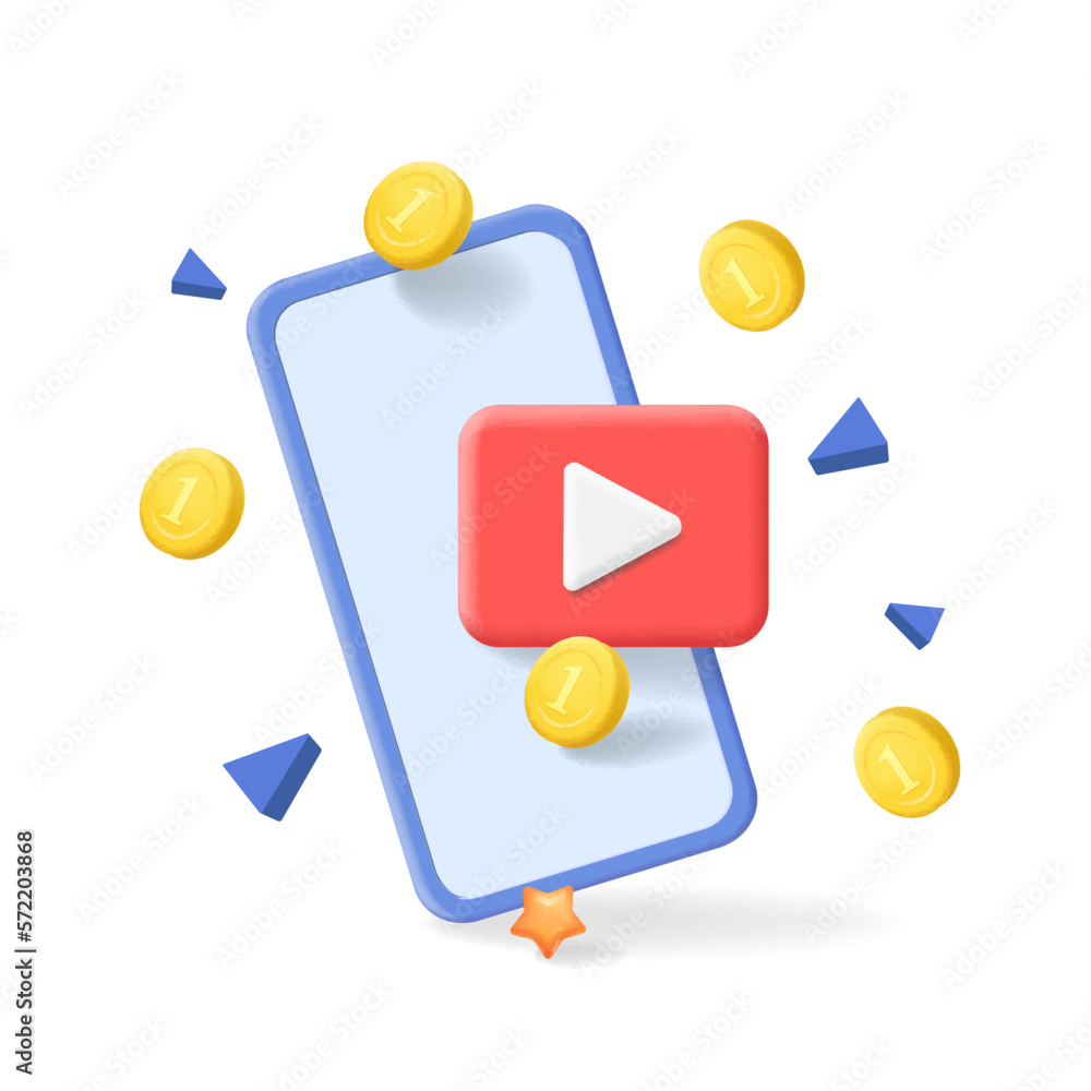 Live streaming video on 3d mobile phone witn money. Social media, streaming channels passive income. 3d vector concept Live streaming video on 3d mobile phone witn money. Social media, streaming channels passive income. 3d vector concept