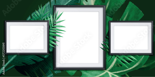 vertical frame mockup on a white gallery wall with wooden floor, palm leaves and green leaf plant illustration.