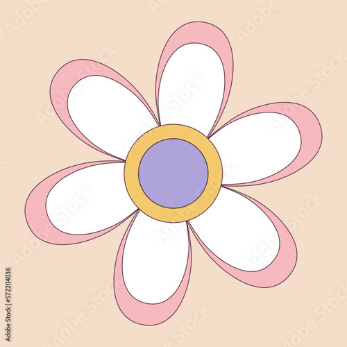 Retro 70s Groovy Hippie sticker daisy flower. Psychedelic cartoon element -funky illustration in vintage hippy style. Vector flat illustration for banner, flyer, invitation, card.
