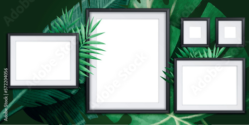 vertical frame mockup on a white gallery wall with wooden floor, palm leaves and green leaf plant illustration.