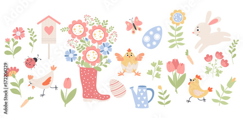 Spring time. Easter collection of paschal animal rabbit, chick and poultry, eggs, flowers, rubber boots with bouquet, watering can and ladybug. Vector illustration. Isolated elements in flat style.