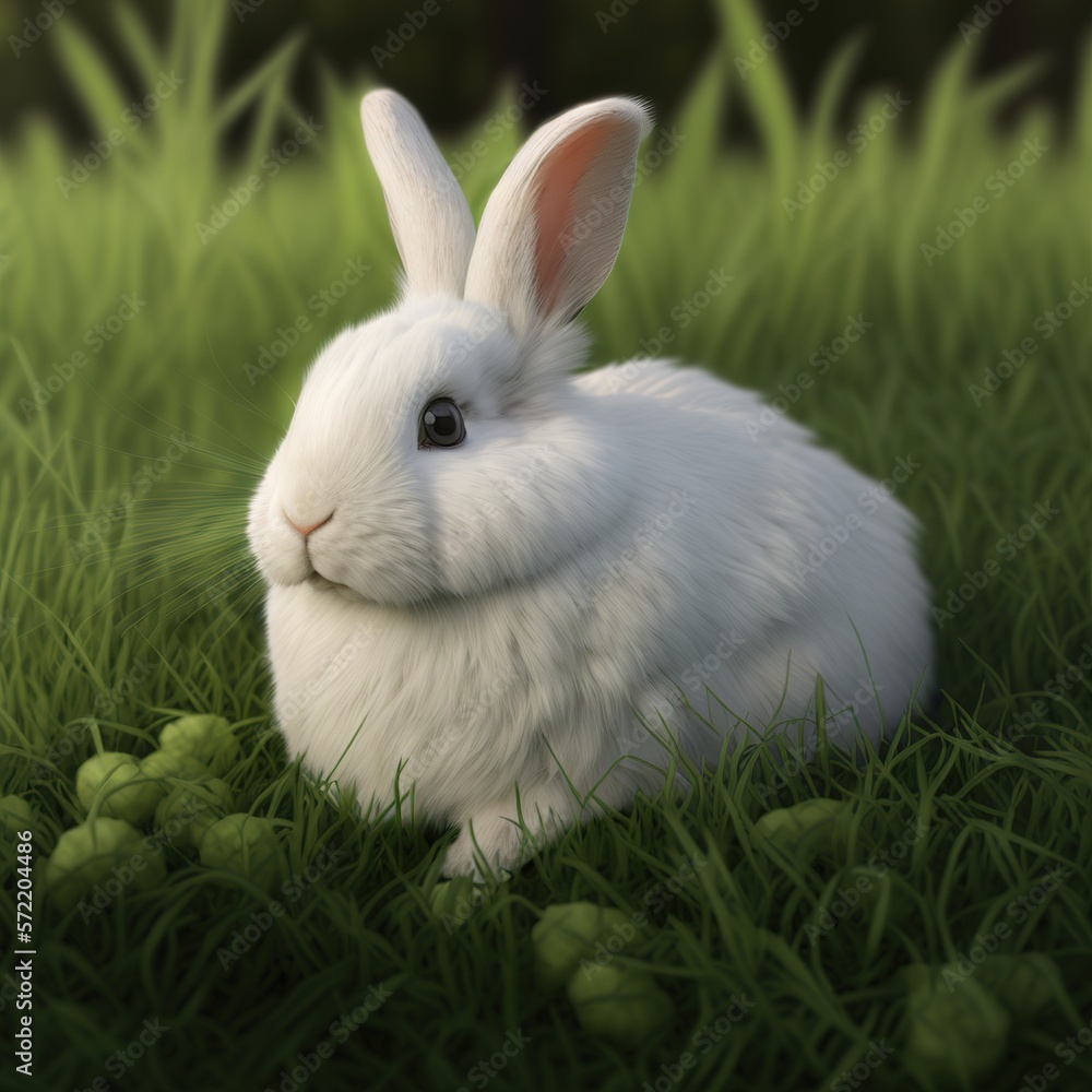 white, fluffy rabbit playing in the green grass. generation al. white, fluffy rabbit playing in the green grass. generation al.