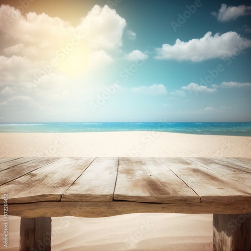 sea with wooden floor in the foreground on the horizon sandy beach. generation al.