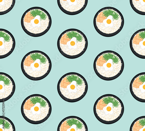 Seamless pattern with Asian cuisine dish rice with egg. Template for fabric, textile, wallpaper, paper, packaging. Vector illustration