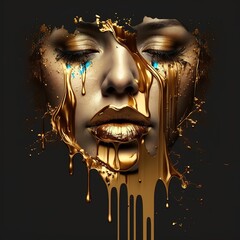 Deken met foto Zwart goud Spots of gold paint dripping from the face, lips and hands, lip gloss dripping from the lips, golden liquid drops on the girl's mouth, golden metallic skin makeup. generation al  © inna717