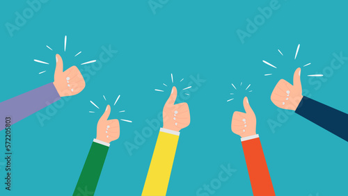 Six diversity hand thumb up isolated on blue background.