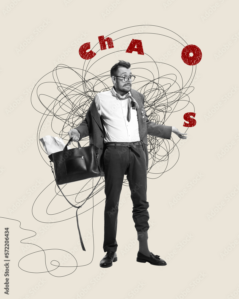 © master1305 - Contemporary artwork. Businessman, hard-working employee suffering from chaos in head. Generating creative ideas. Tangled. Concept of psychology, inner world, mental health, feelings. Conceptual art © master1305 - Contemporary artwork. Businessman, hard-working employee suffering from chaos in head. Generating creative ideas. Tangled. Concept of psychology, inner world, mental health, feelings. Conceptual art