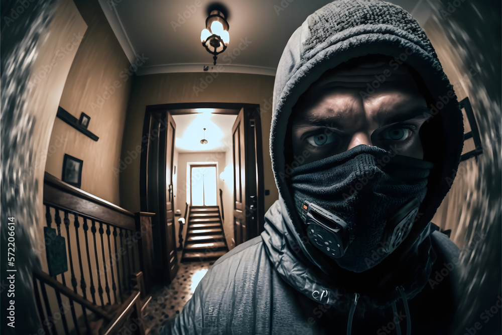 Balaclava thief steals from house view from security camera created with generative AI technology Balaclava thief steals from house view from security camera created with generative AI technology
