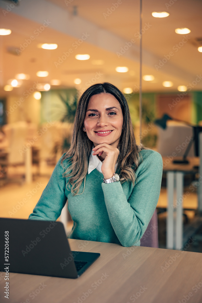 Portrait of a smiling woman, working over the laptop at the workplace.