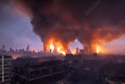 A post-apocalyptic city destroyed by war. Fires and smoke fills the sky. Concept of the end of the world. Generative AI.