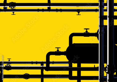 Yellow industrial background. Steel pipes and tanks for industrial plant. Metal pipes with pressure valves. Oil refining industrial background. Backdrop, wallpaper, scenery. 3d rendering.