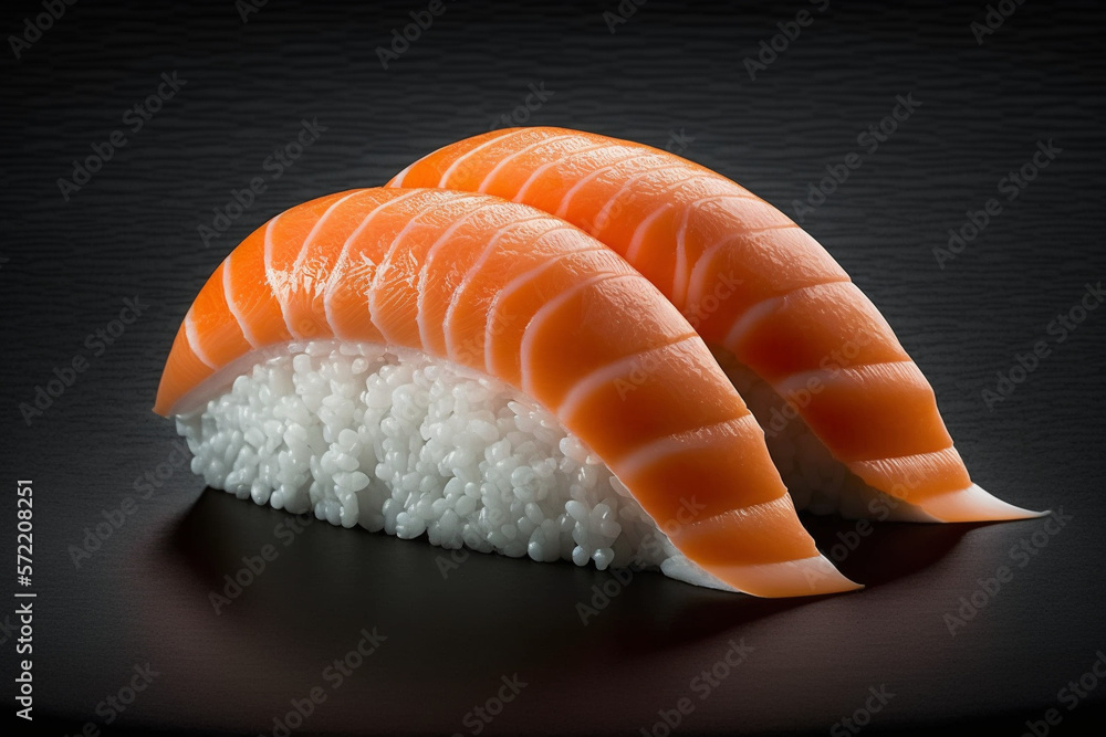 Two pieces of salmon nigiri sushi generative AI Two pieces of salmon nigiri sushi generative AI