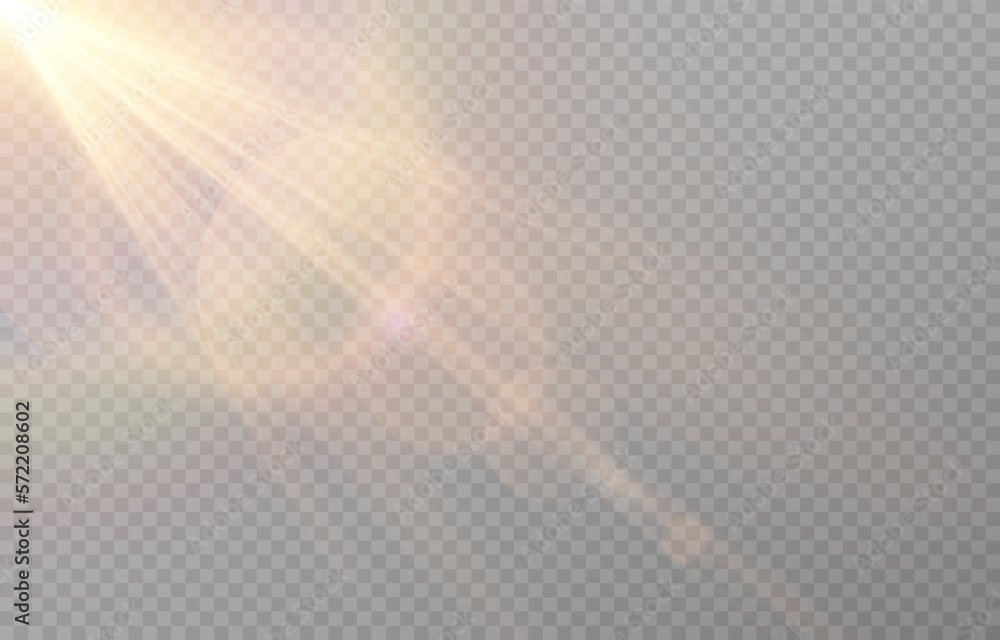 Vector sun light with glare. Golden flash png. Sun rays png. Glare from the sun, dawn, light effect.