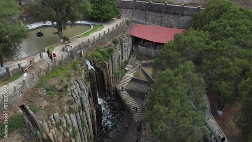 Drone view of the basaltic prisms, where the prismas of Hidalgo and the ranch of Santa Maria Regla. Huasca. Magical town.