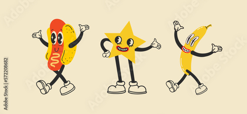 Groovy hippie love sticker character. Comic happy mushroom, hot dog and cloud character with wings in trendy retro 60s 70s cartoon style. Vintage isolated vector illustration.