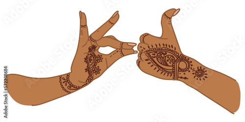 The traditional hand sign of a dancing woman. Indian classical dance Bharatanatyam mudra. Alapadma hasta. Mehendi. Ornate hands with henna. Beautiful hand movement dance. Color vector illustration.