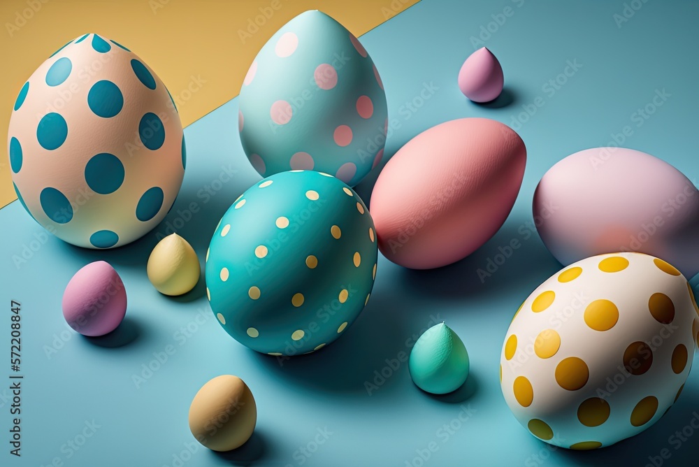 Pastel Easter eggs on blue background top view. Ai generative. Pastel Easter eggs on blue background top view. Ai generative.