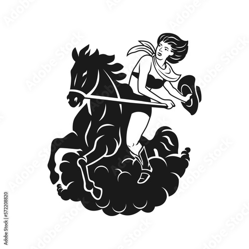 a woman riding a horse with a cowboy hat in her hand vector illustration