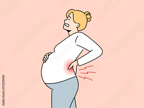 Unwell pregnant woman suffer from backache. Unhealthy exhausted female with big belly tired with pregnancy have pain at lower back. Vector illustration. 