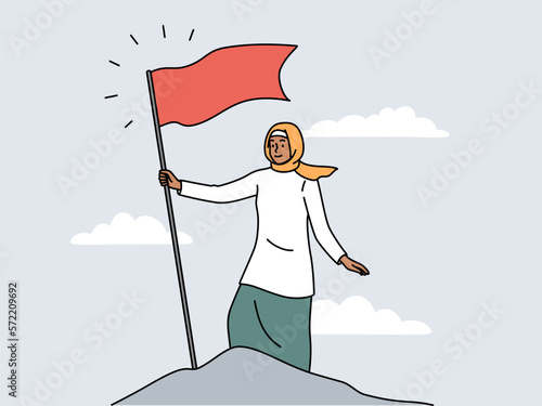 Smiling Arabic woman in hijab reach mountain peak put red flag on top. Successful arab female reach goal or aim. Success and victory. Vector illustration. 