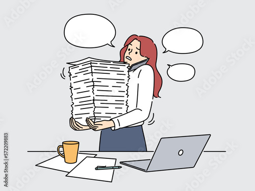 Stressed businesswoman with stacks of paperwork overwhelmed with job in office. Tired female employee with documents piles feeling fatigue. Workload. Vector illustration. 