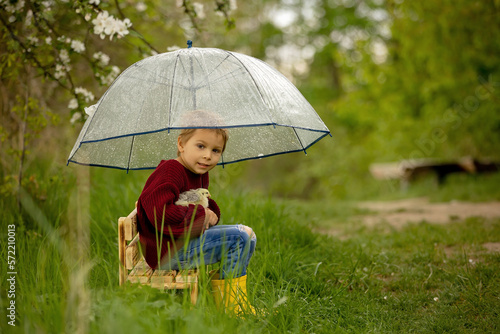 Cute child  boy  with umbrella and little chicks  sitting on a small bench in the park while raining
