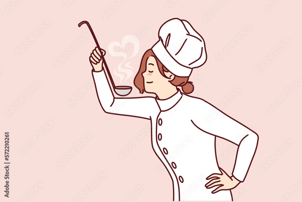 Woman cook with ladle in hand tries soup or sauce from menu preparing dish for restaurant guests. Girl in uniform and cook chef hat cooks food enjoying favorite job in cafe or diner Woman cook with ladle in hand tries soup or sauce from menu preparing dish for restaurant guests. Girl in uniform and cook chef hat cooks food enjoying favorite job in cafe or diner