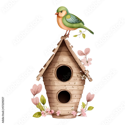 Spring Love Bird House Watercolor Illustration  with cute blossom flowers and leaves  © SkyeCreativeStudio