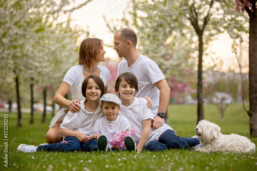 Beautiful family with kids, mom, dad, three boys and a dog, playing in park together © Tomsickova