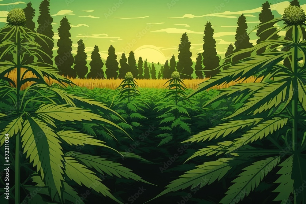 Cannabis farm field, green leave illustrations image generative ai