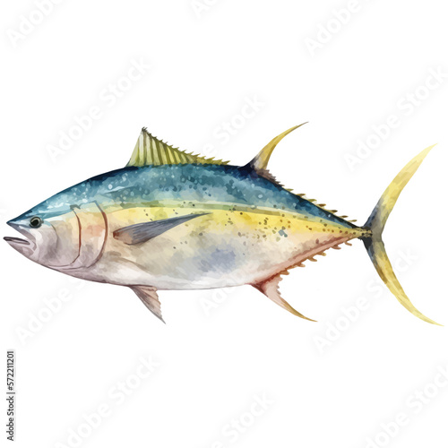 Watercolor yellowfin tuna fish illustration. Hand-drawn illustration isolated on white background in boho style.