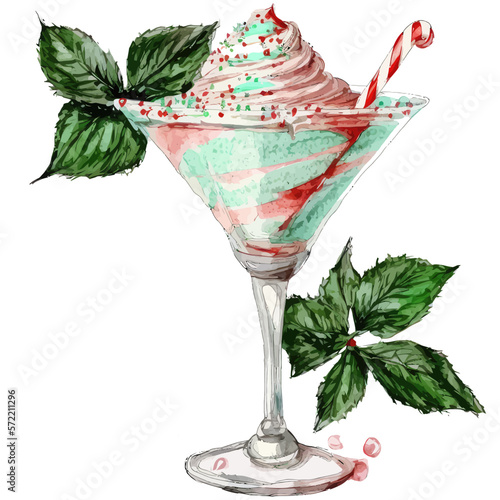 Watercolor hand drawn sketch Christmas cocktail Peppermint Martini. Hand-drawn illustration isolated on white background in boho style.