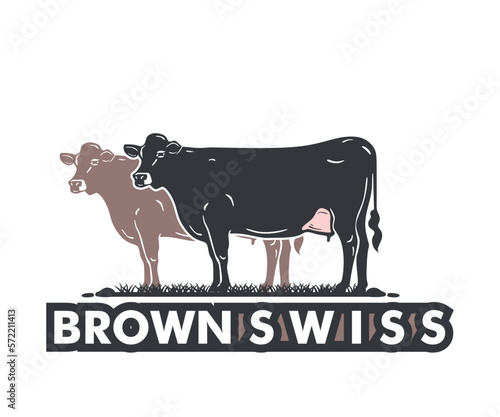 BROWN SWISS DAIRY MILK COW LOGO, silhouette of great cattle standing at farm vector illustrations